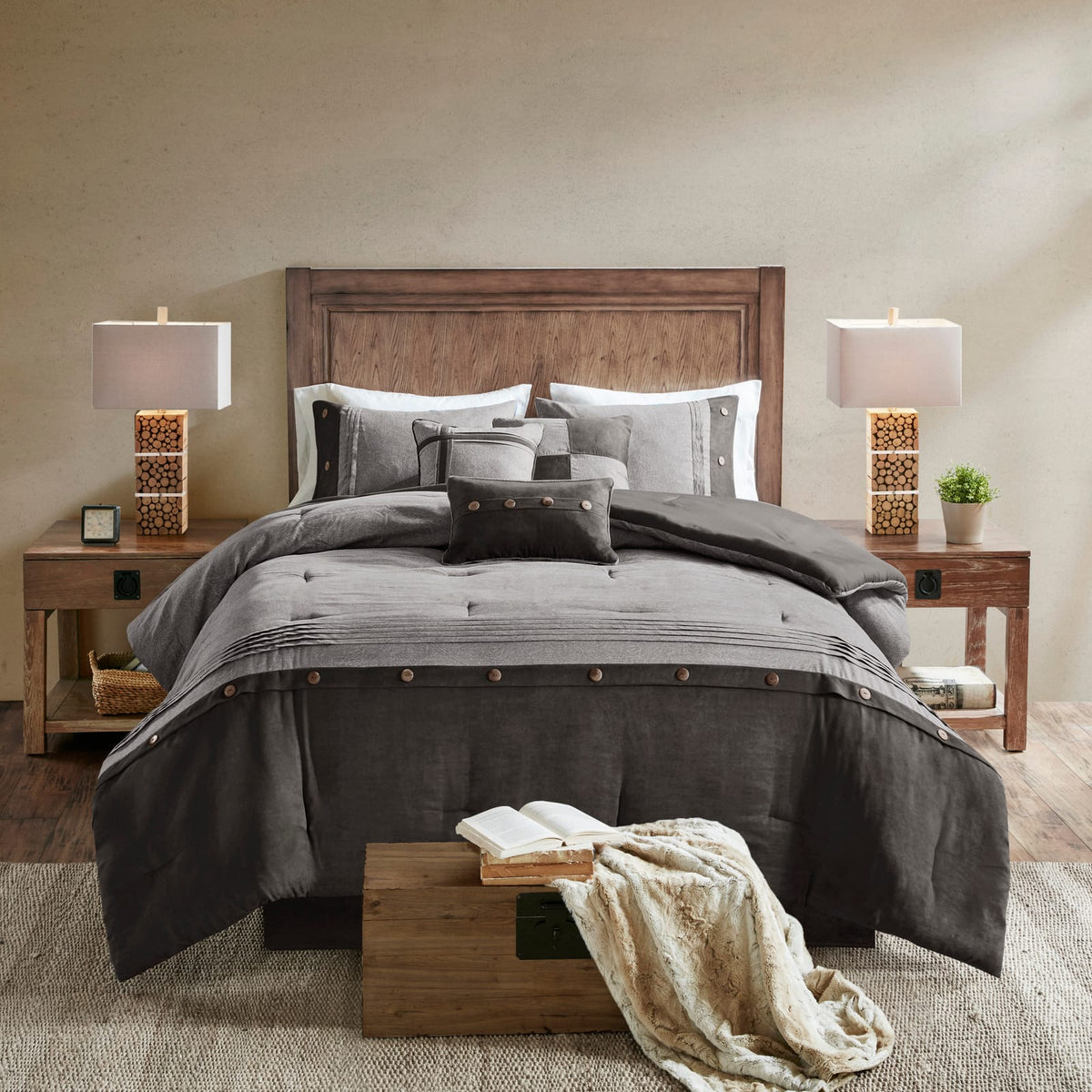 Grey Queen Faux Suede Comforter Set - 7 Piece Lodge Cabin Style
