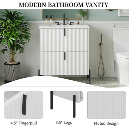 White Bathroom Vanity with Ceramic Sink - 30" Storage