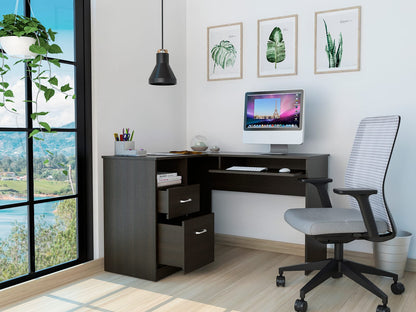 Wenge 2-Drawer L-Shaped Computer Desk - Work From Home Storage