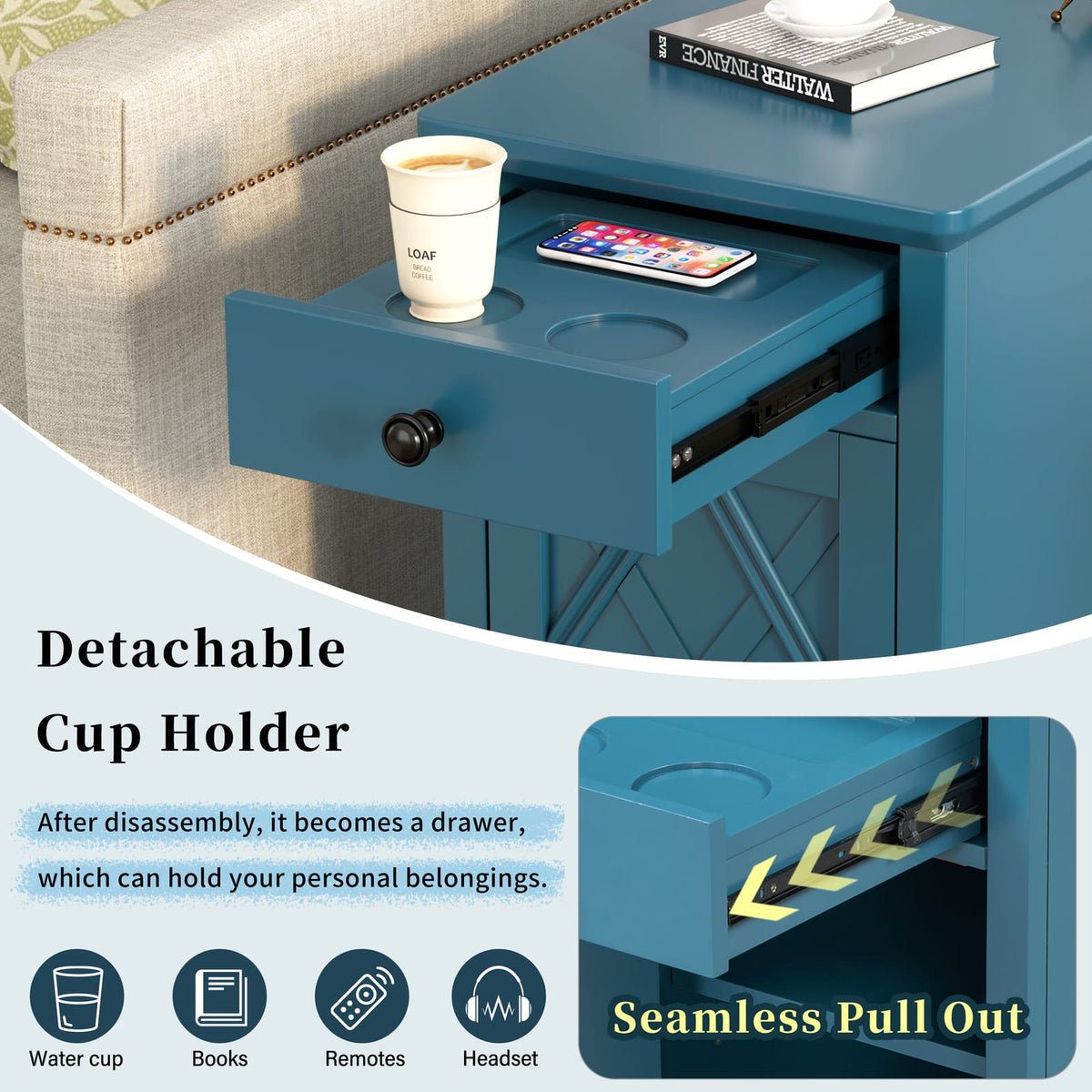 Navy Blue MDF Charging End Table with Storage for Living Room