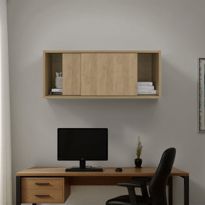 12.4" Natural Wood Wall Mounted Cabinet - Office Storage for Living Room
