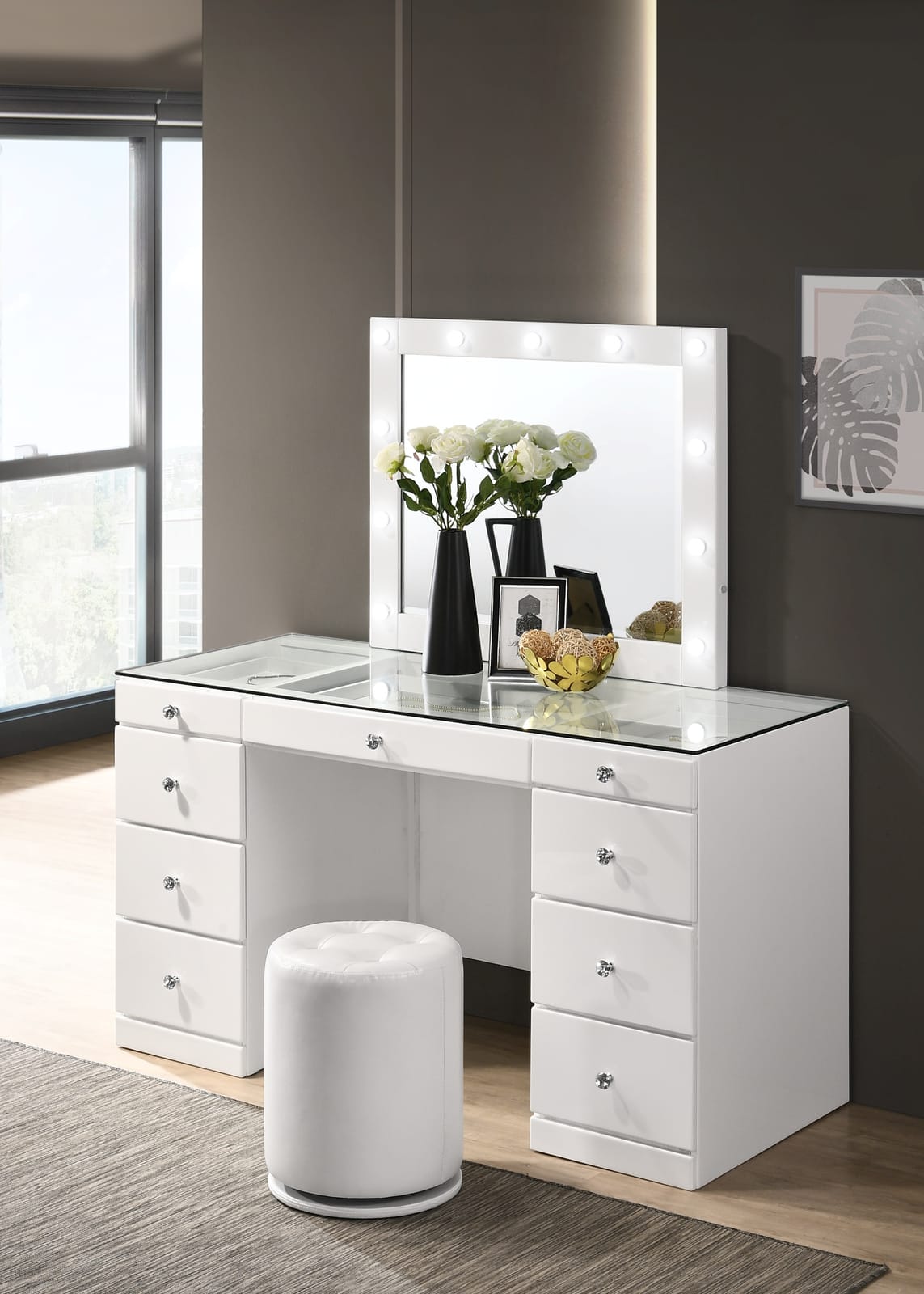 Glam Makeup Vanity Table - 9 Drawers White Wood