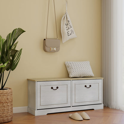 Antique White Shoe Storage Bench - 2 Drawers, Adjustable Shelf for Living Room