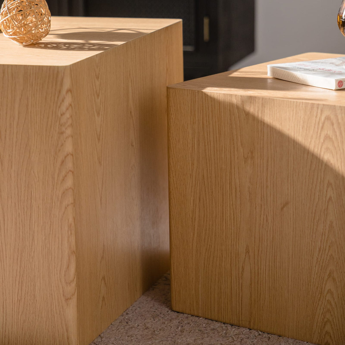 Living Room Set of 2 Natural Wood Nesting Cube Tables - Small Space Coffee Table Set
