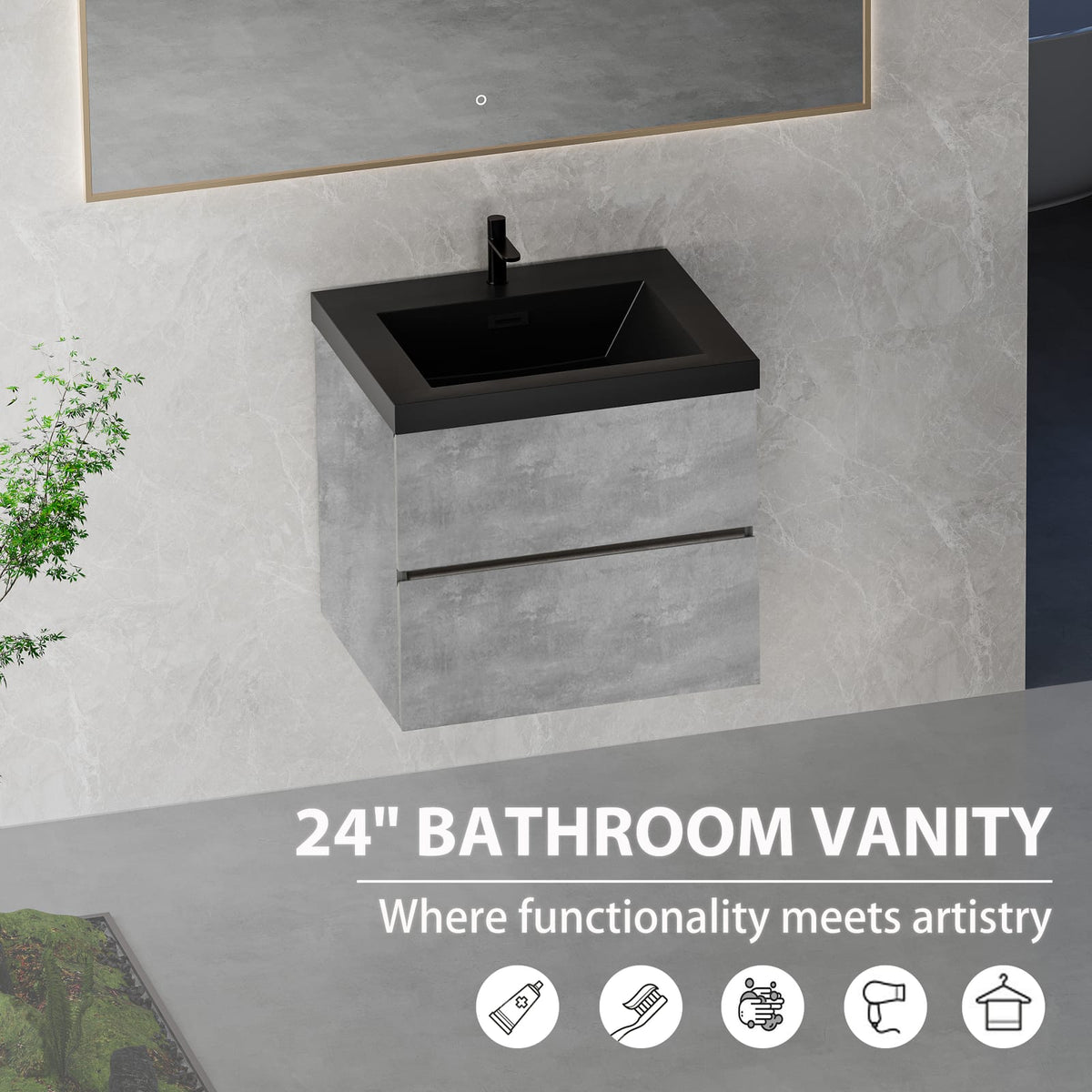 Grey Wood Bathroom Vanity with Sink - Wall Mounted Storage