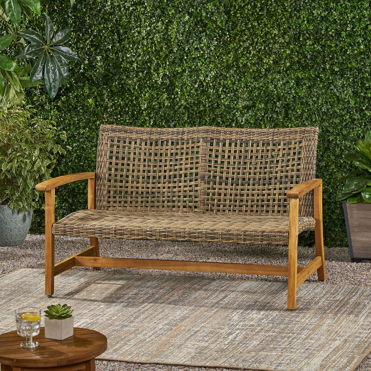 Natural Grey Acacia Wood Wicker Loveseat for Patio Seating