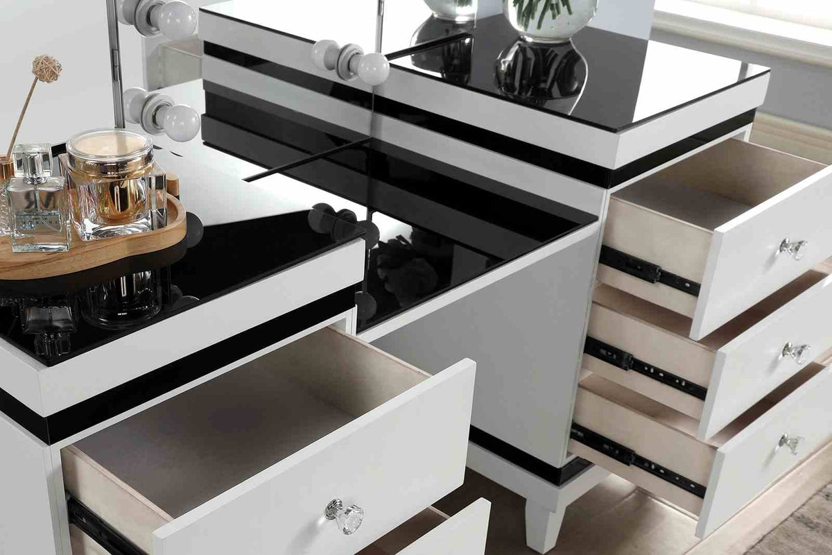 Black & White Fabric Bedroom Vanity Set with 5 Drawers