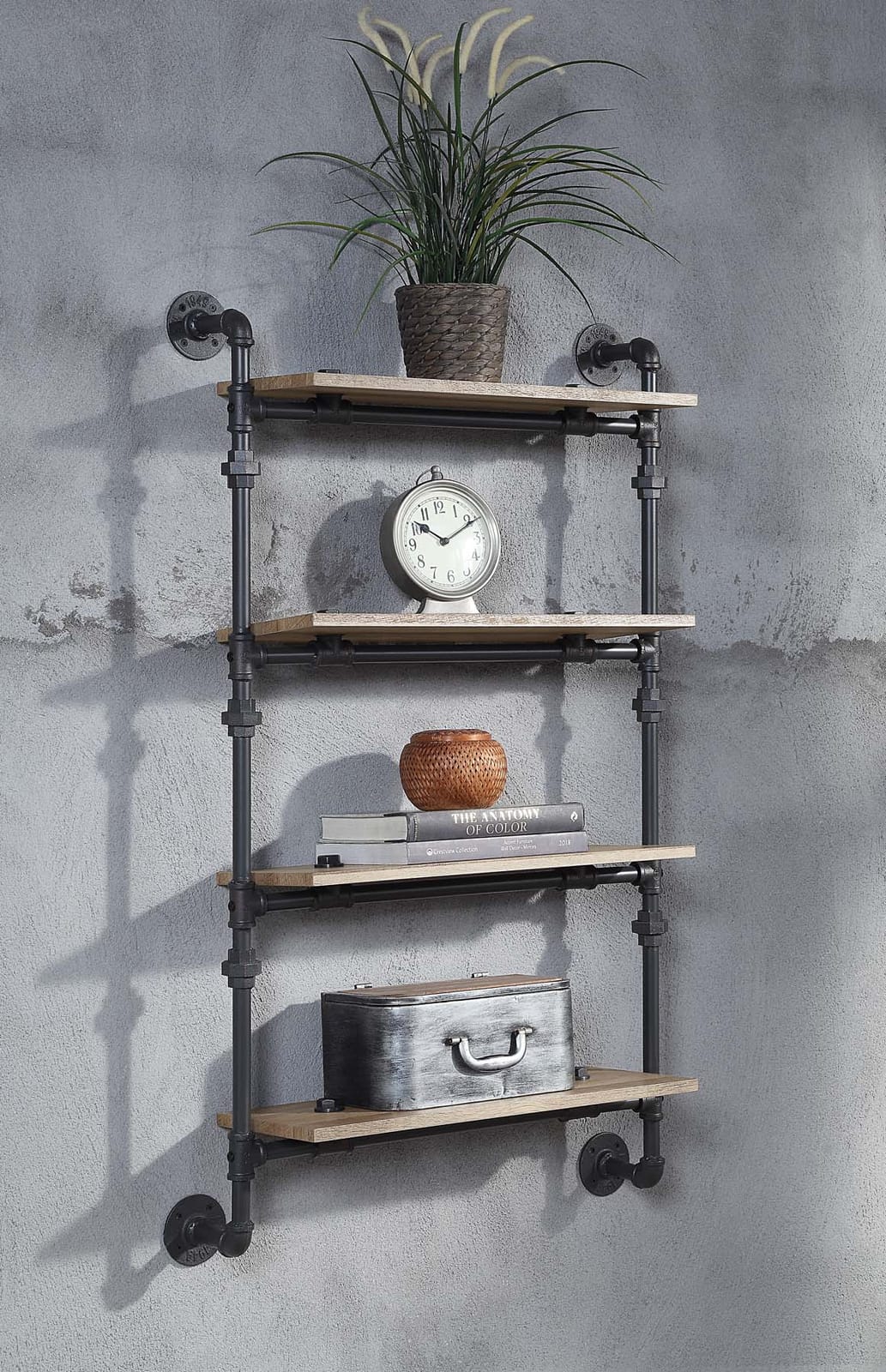 4 Tier Oak Wall Shelf with Metal Frame for Living Room