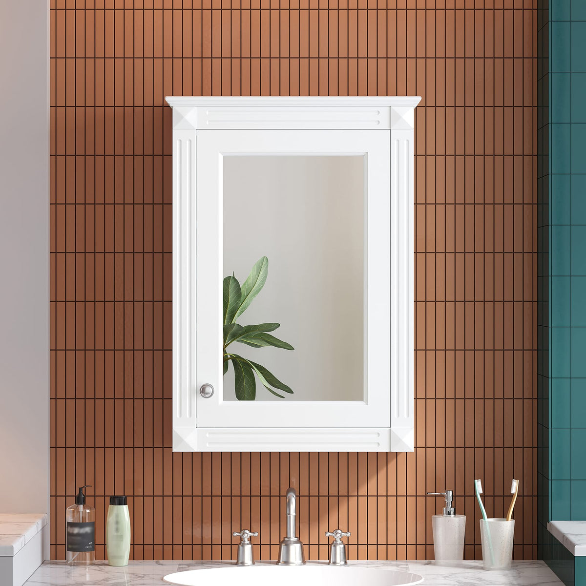White Bathroom Storage Cabinet with Mirror - 2 Shelves