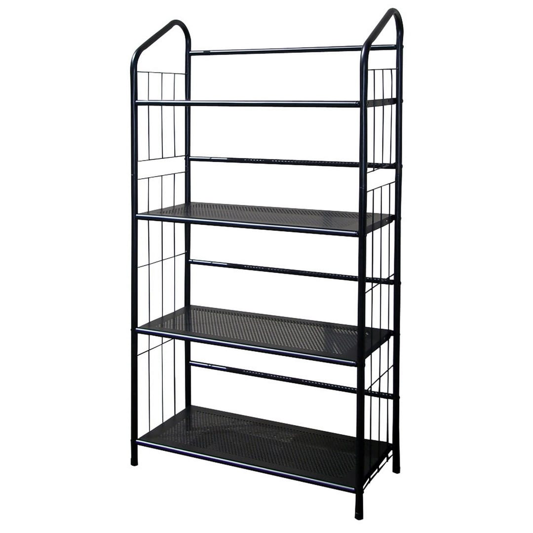 49" Black Wood Tall Bookshelf - 4 Tier Metal Shelving Unit for Living Room