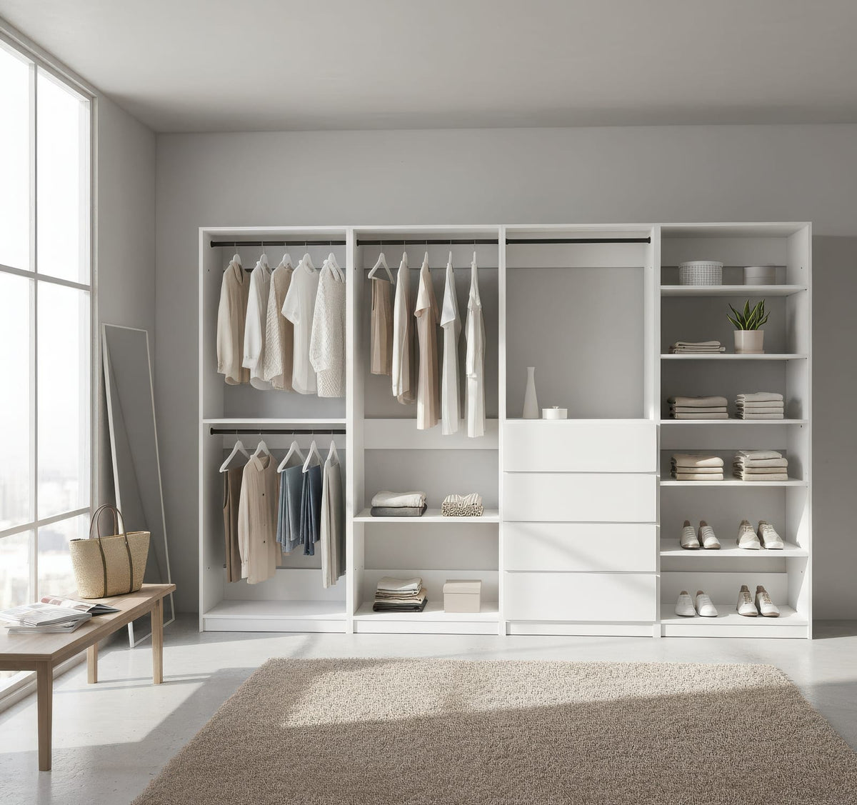 White Wood Walk-In Closet System - 5 Modular Units for Bedroom