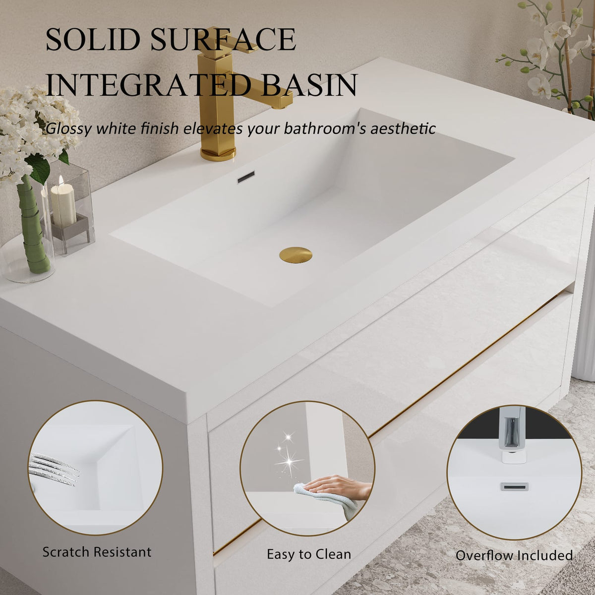 Glossy White Bathroom Vanity with Sink - 42" Wall Mounted Storage