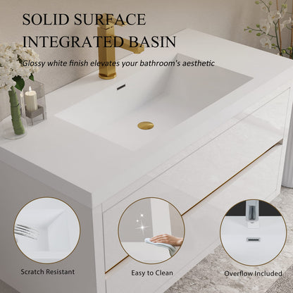Glossy White Bathroom Vanity with Sink - 42" Wall Mounted Storage