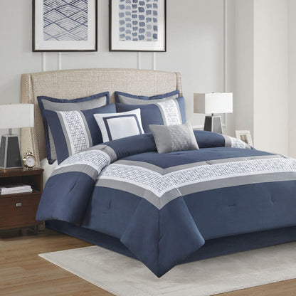 8 Piece Embroidered Navy Queen Comforter Set - Luxurious Comfort
