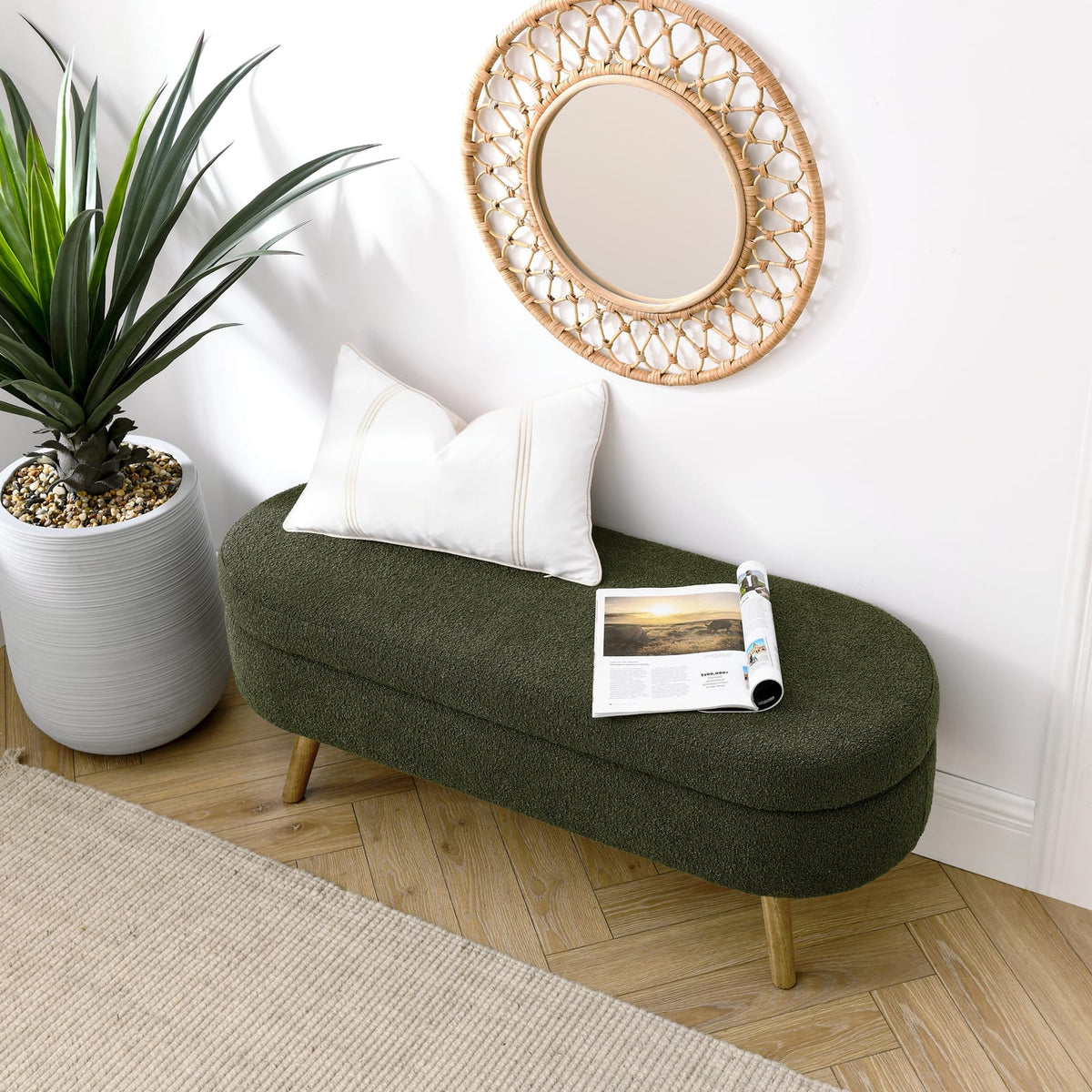Green Foam Ottoman Storage Bench - Rubber Wood Legs