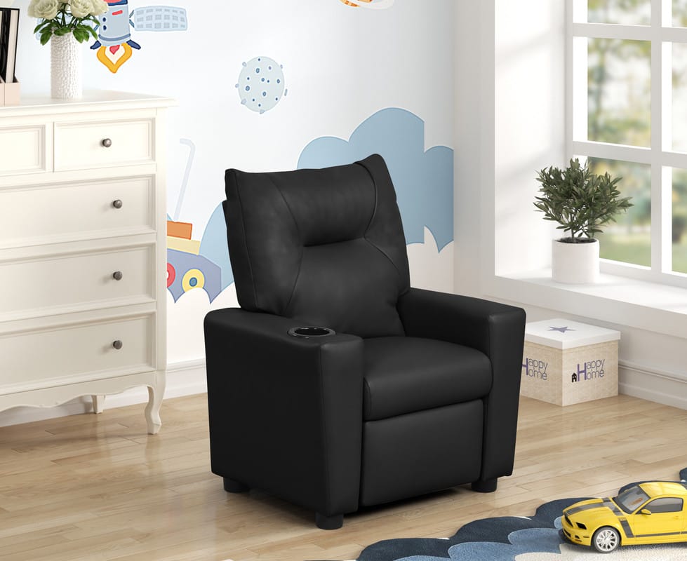 Black Kids Recliner Chair - PU Leather, 13" Seat