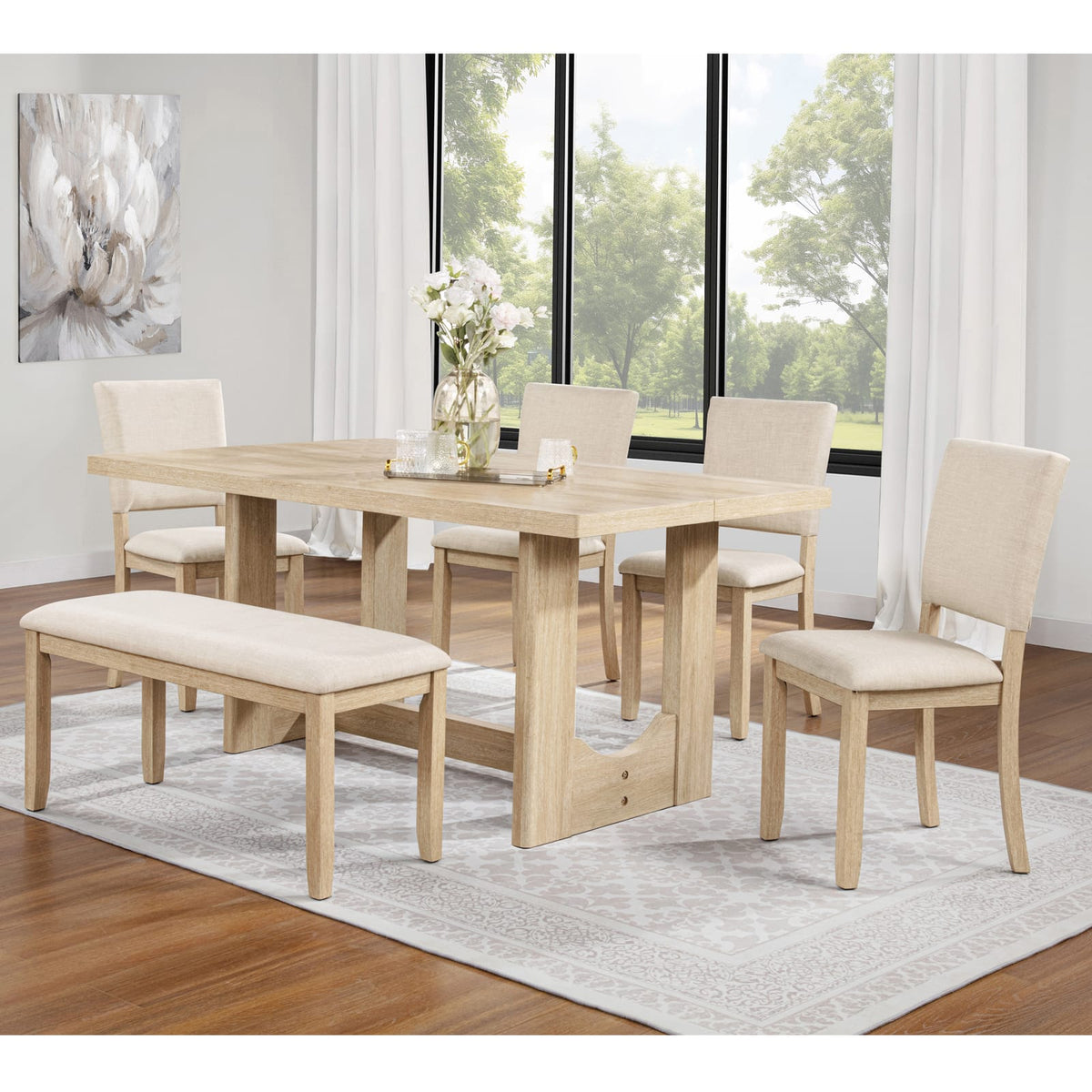Light Oak Dining Table Set - 6 Seats with Bench