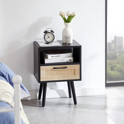 Black Rattan End Table with Drawer - Bedroom Nightstand
