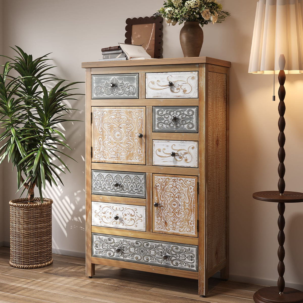 Colorful Vintage Accent Cabinet - 7 Drawers, Rustic Storage Chest for Living Room