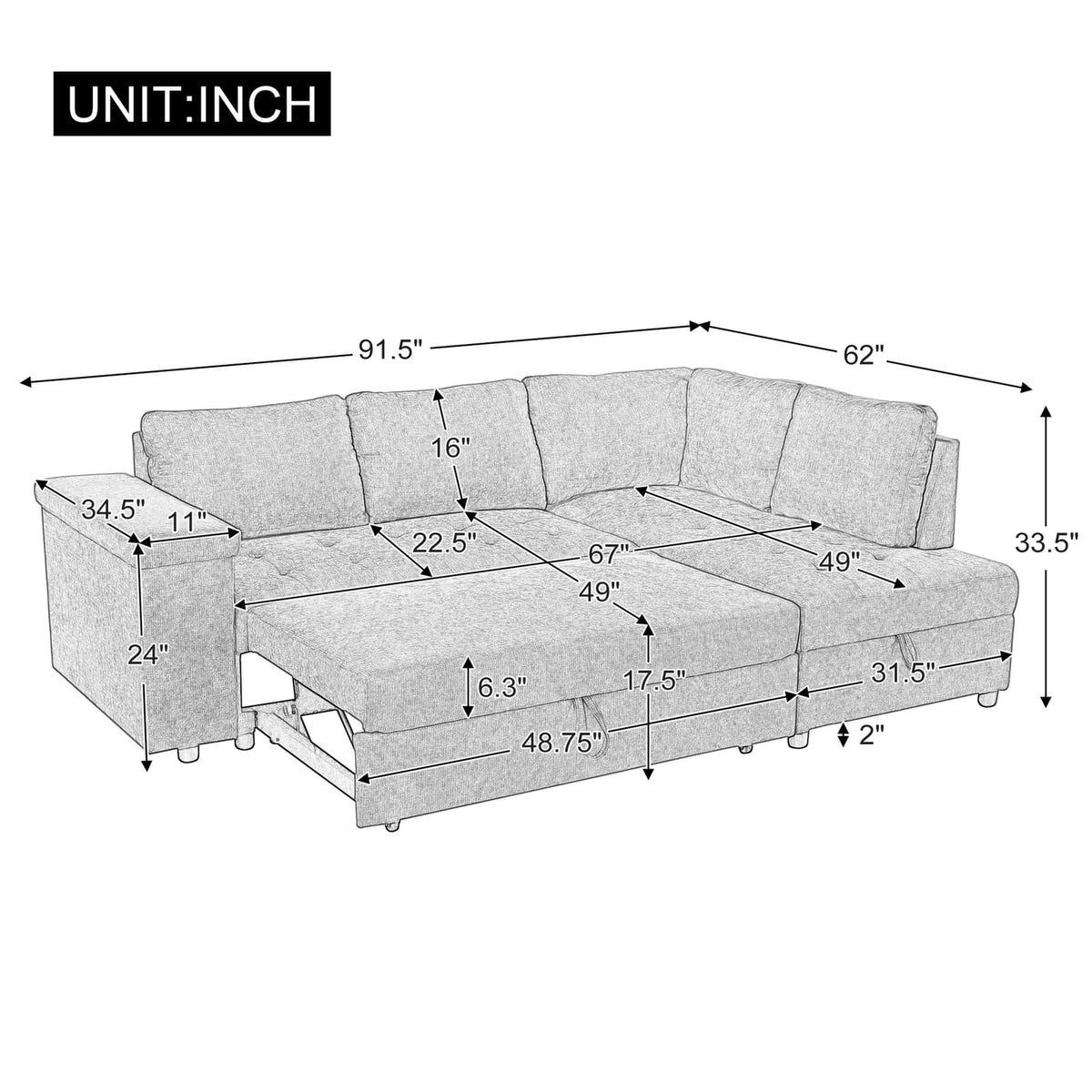 Grey Polyester Sofa Bed - 3 Seat Storage Sectional Sleeper for Living Room