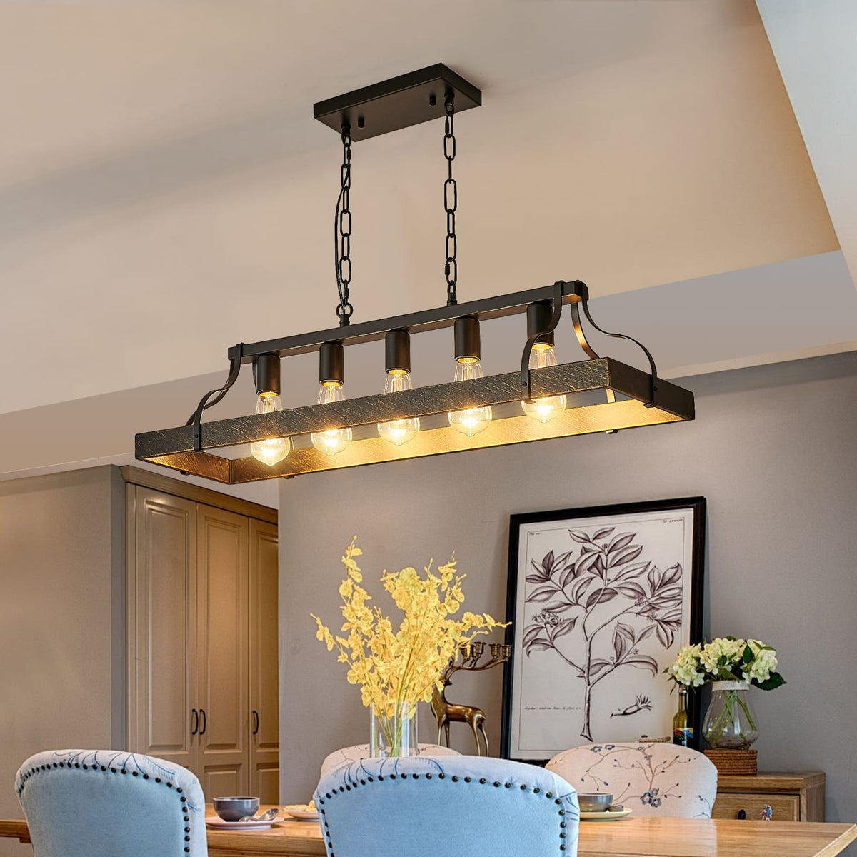 Black Gold Pendant Light - 34 Inch Dining Room Chandelier