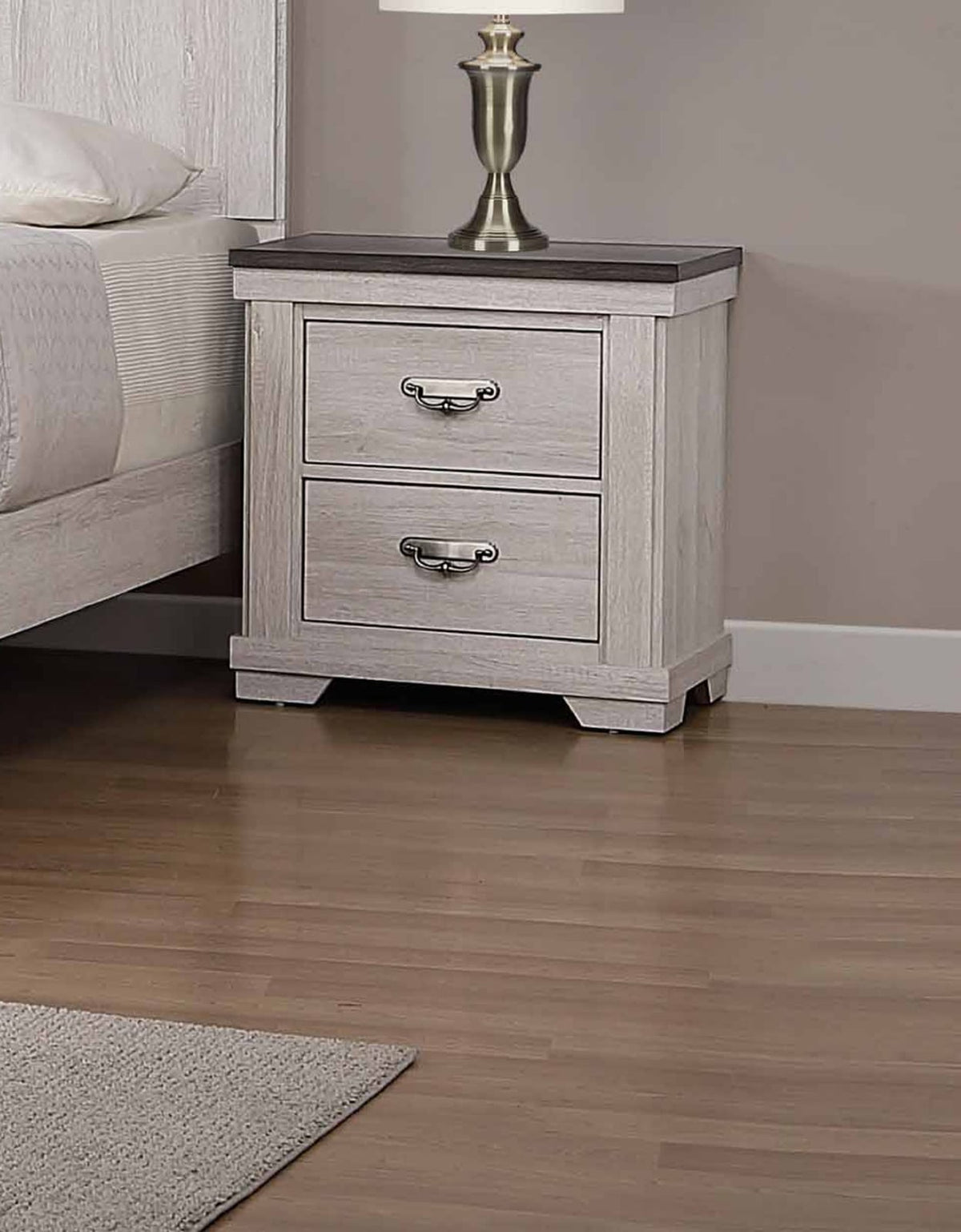 Beige Gray White Two Drawer Nightstand - Farmhouse Bedroom Nightstand