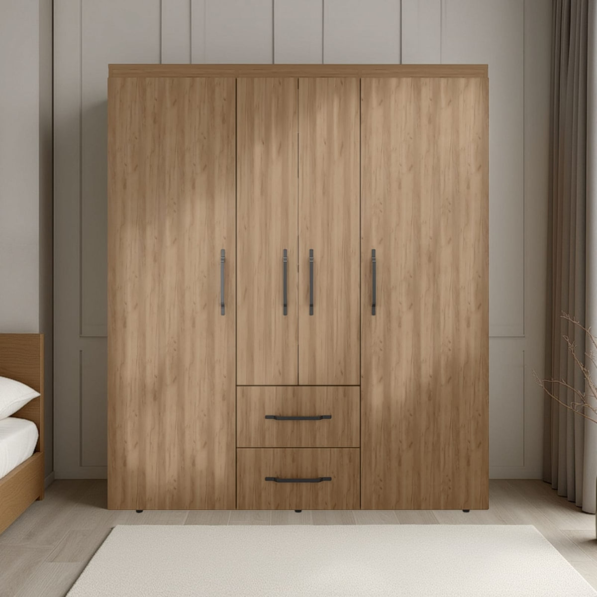 Light Natural 4-Door Dresser with Hanging Rods