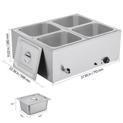 Commercial Food Warmer 4-Pan - Stainless Steel Buffet Bain Marie