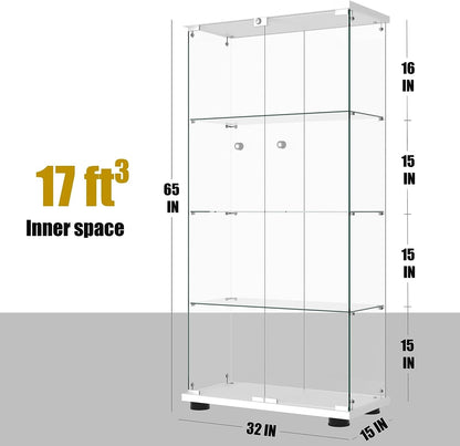 Glass Display Cabinet - 4 Shelves, LED Lights & Lockable Storage