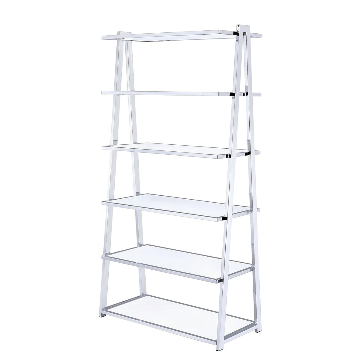 6-Tier White Bookshelf with Chrome Frame - Display Shelving