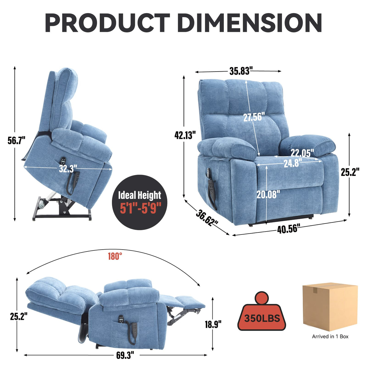 Blue Heat Massage Recliner - Power Lift, 350 Lbs Capacity