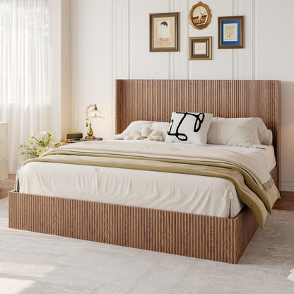 King Size Iron Bed Frame with Natural Wood Storage Platform for Bedroom