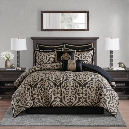 8 Piece Cal King Jacquard Comforter Set - Black Polyester
