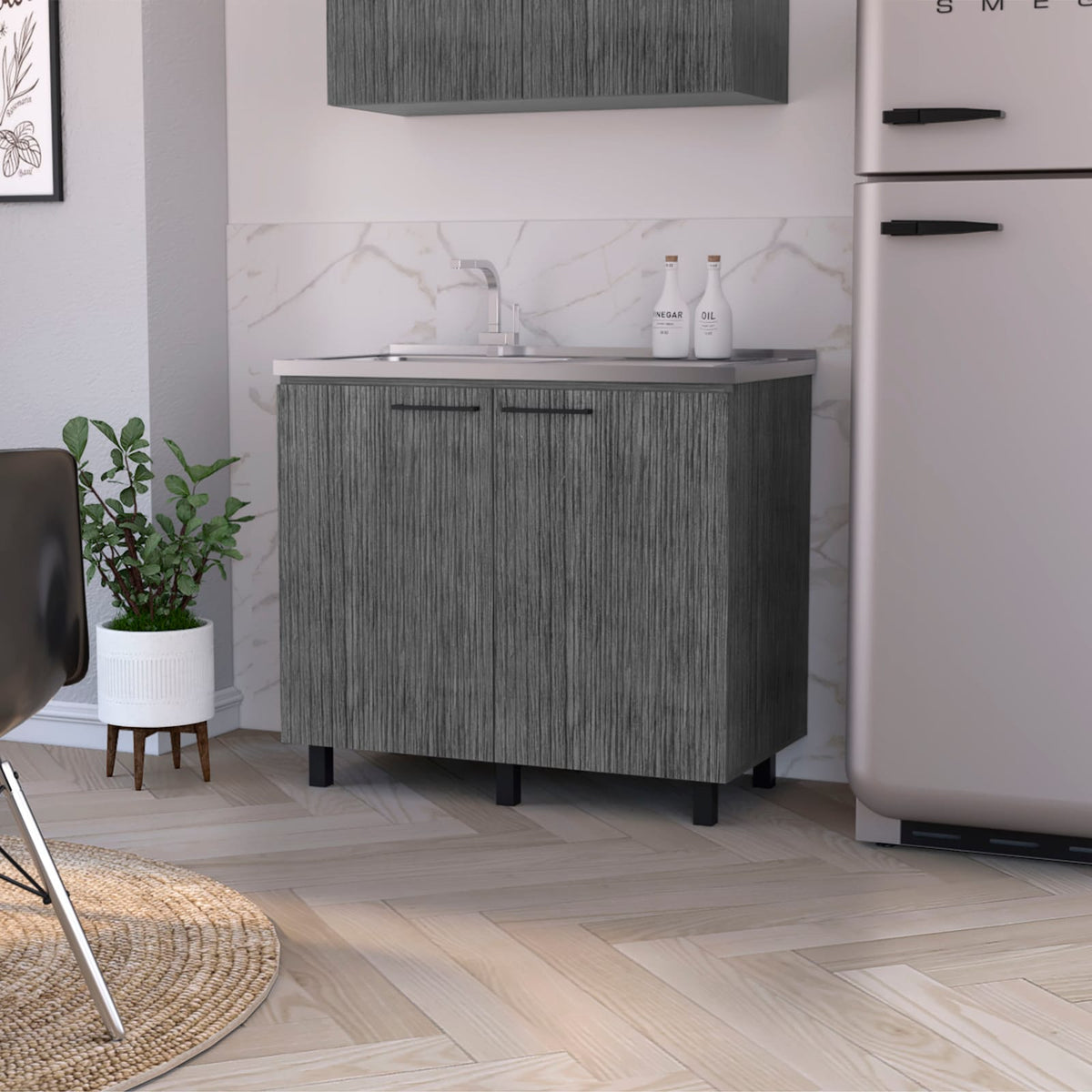 Modern Gray Particle Board Kitchen Sink Cabinet with Interior Storage