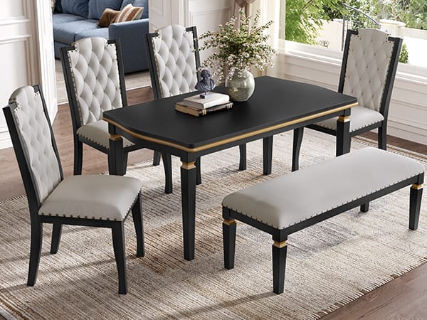 6-Person Black Dining Table Set - Rectangular Solid Wood Table & Upholstered Chairs