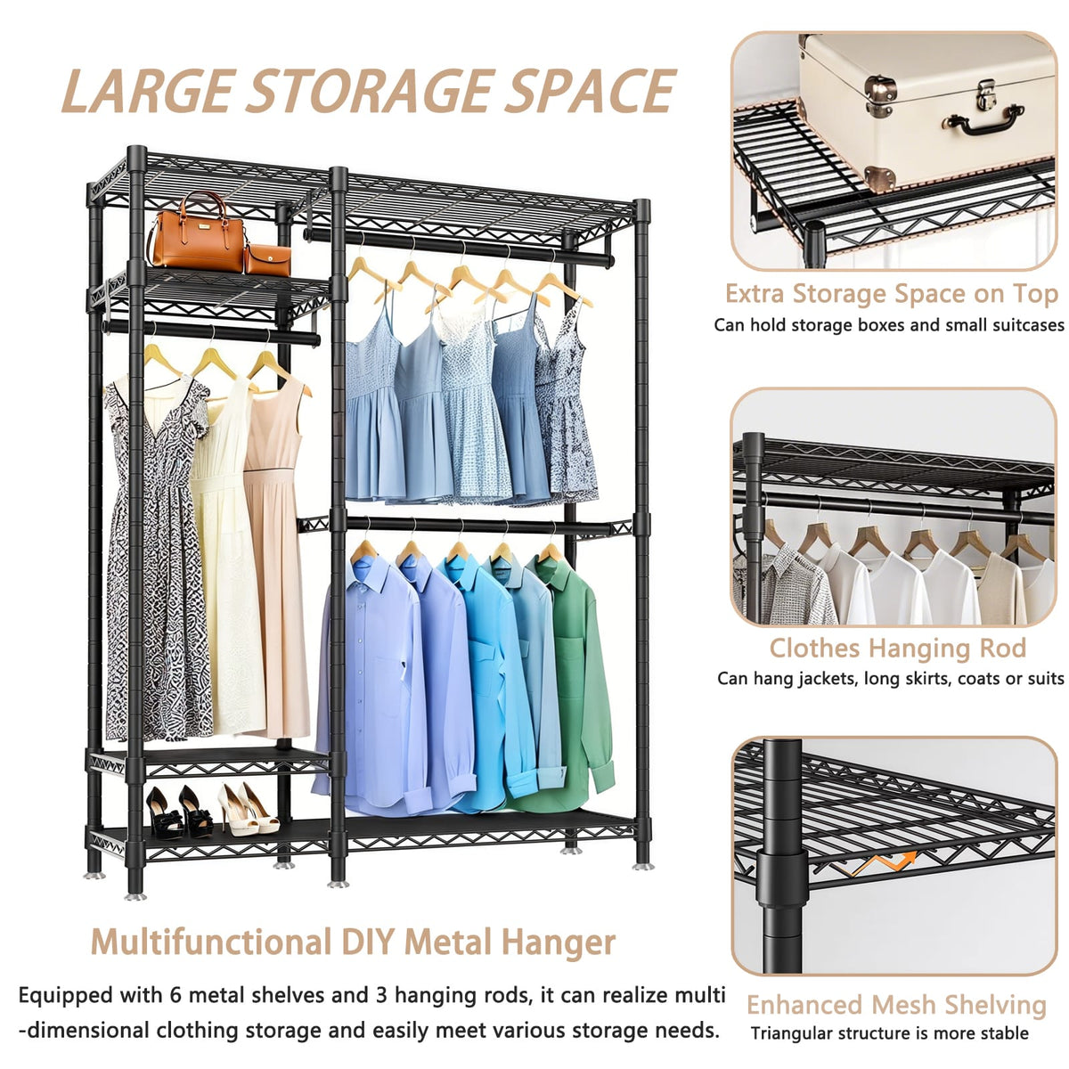 Heavy Duty Clothes Rack - Black Adjustable Shelving Unit