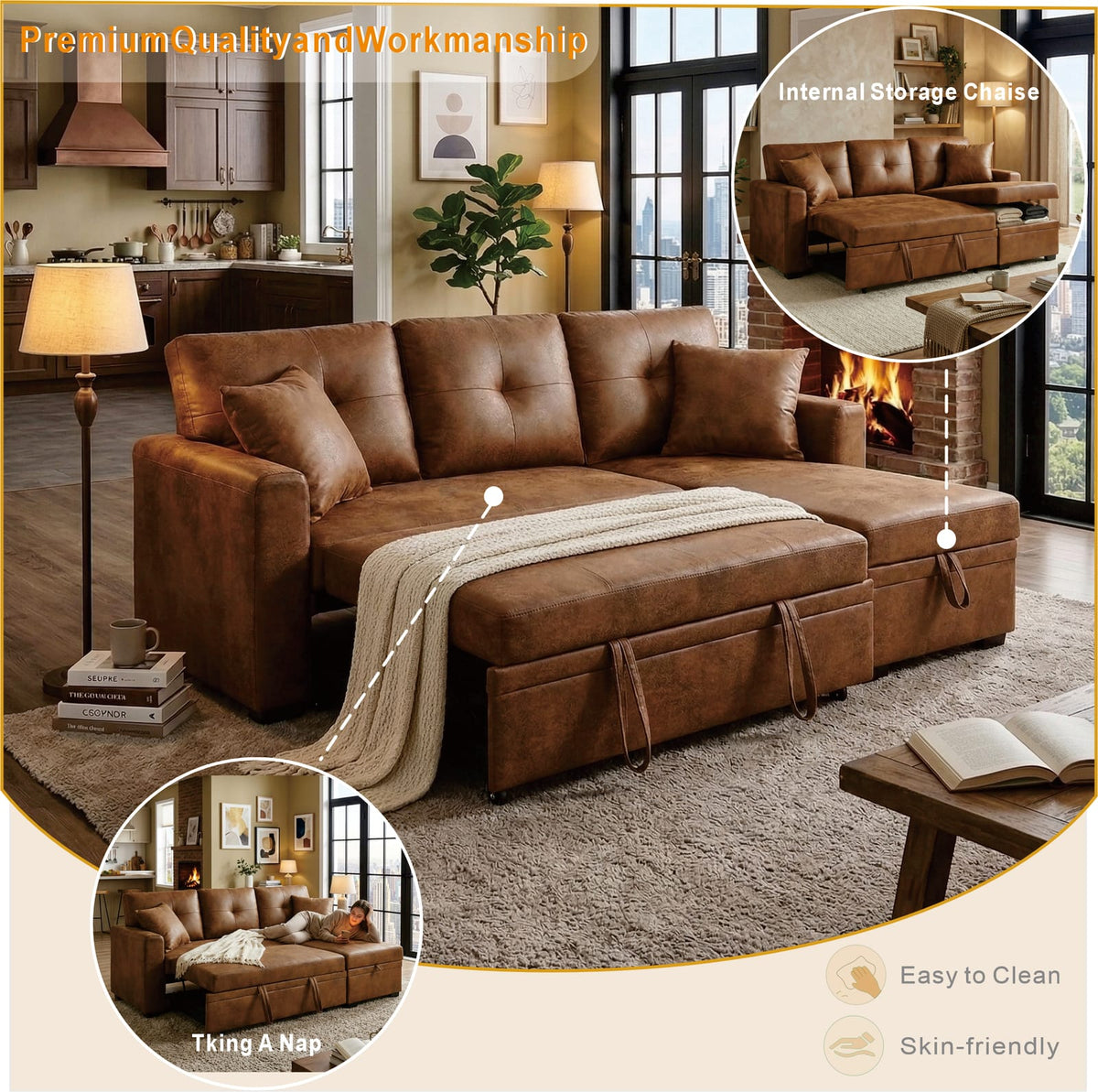 Light Brown Sectional Sofa Bed - Pull Out Sleeper for Living Room