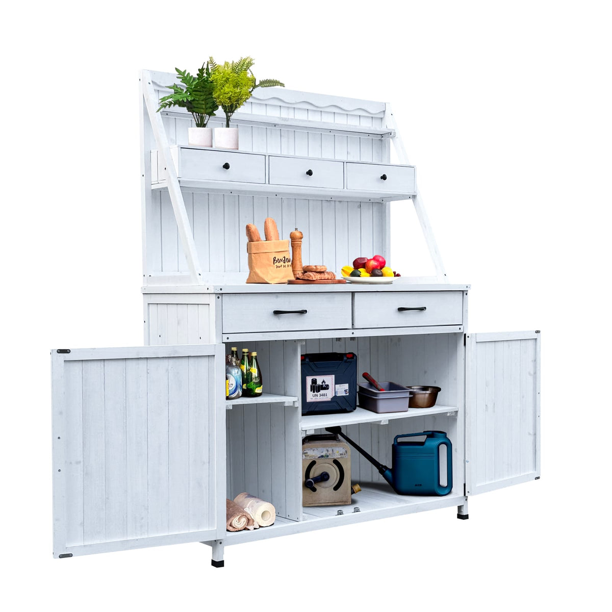 White Farmhouse Outdoor Potting Bench with Storage Cabinet for Garden