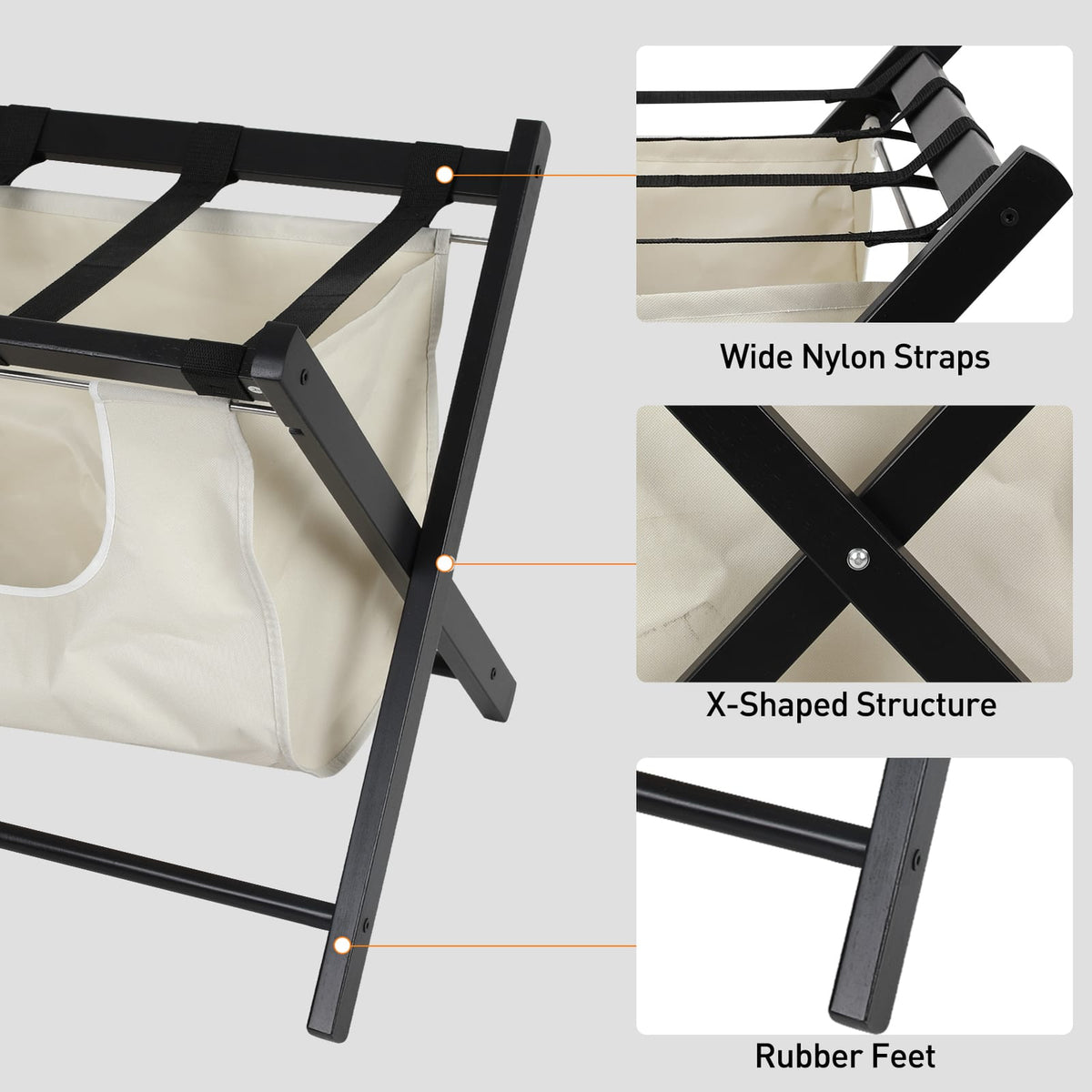 Folding Luggage Rack - Black Wood Fabric Storage Shelf
