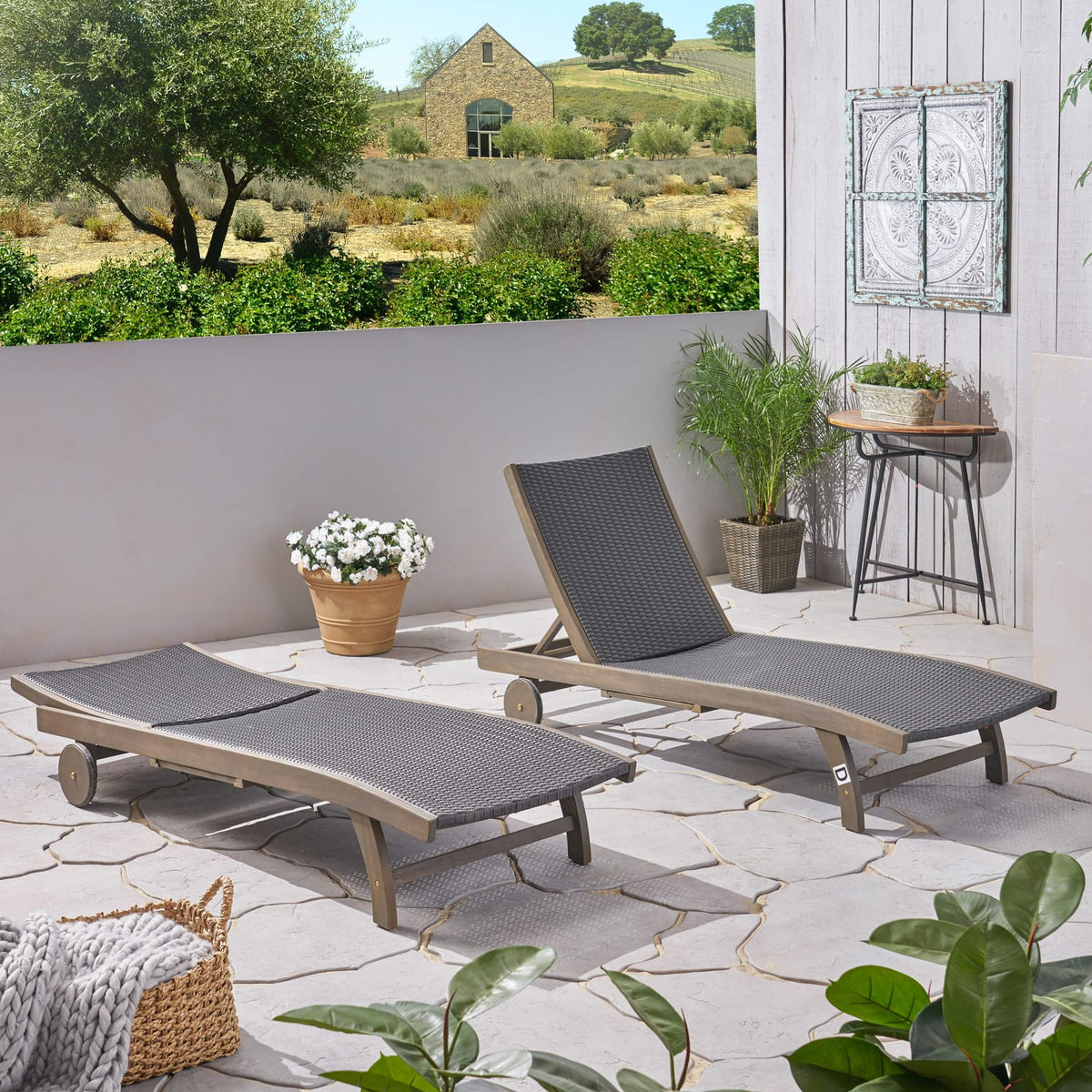 Grey Acacia Wood Chaise Lounge Set - 2 Piece Outdoor Patio