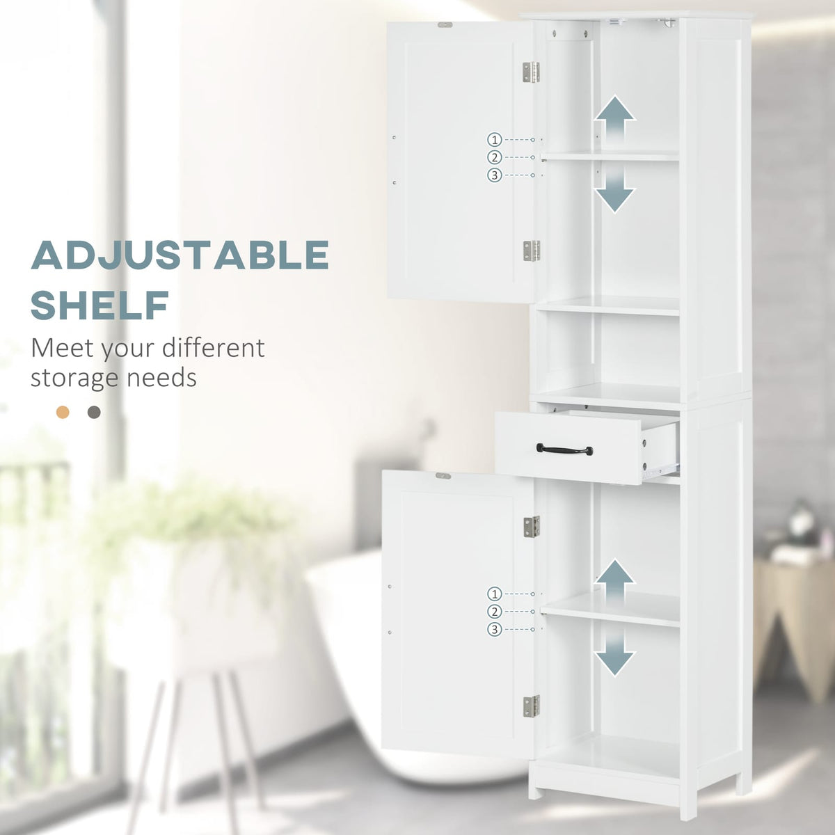 Slim White Bathroom Storage Cabinet - Tall Linen Tower with Adjustable Shelves