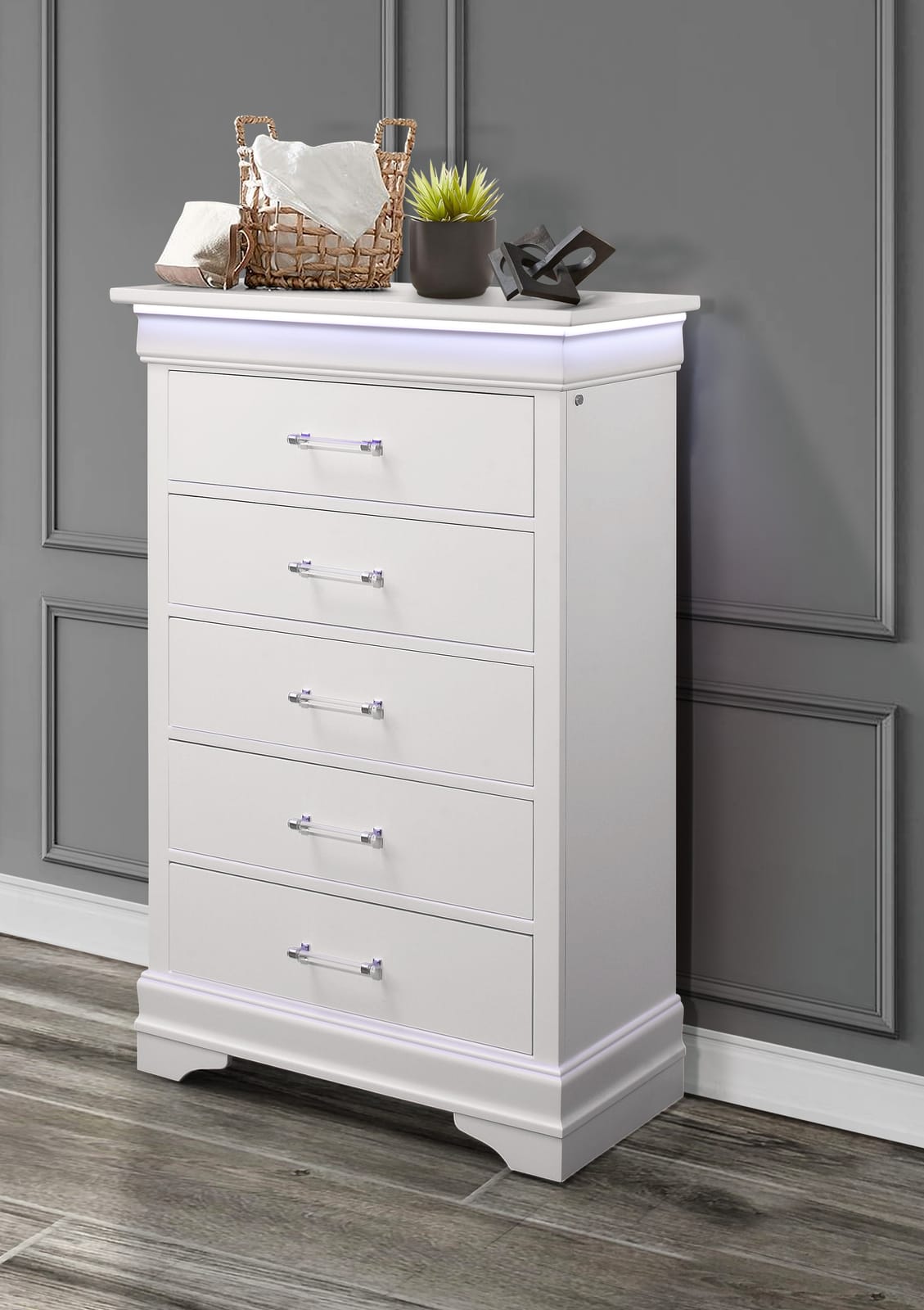 CHARLSTON White Chest with LED Lighting - 5 Drawers for Bedroom