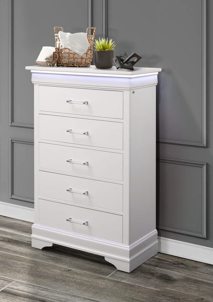 CHARLSTON White Chest with LED Lighting - 5 Drawers for Bedroom