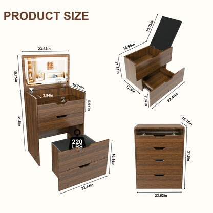 Walnut 3-in-1 Vanity Desk with Mirror and Stool for Storage for Bedroom