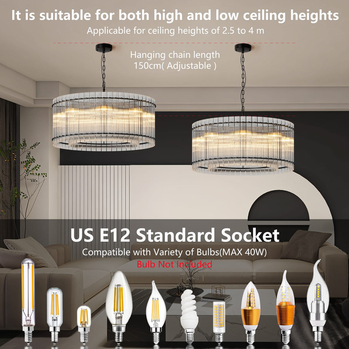 37 Inch Black Round Chandelier - Modern Water Wave Design
