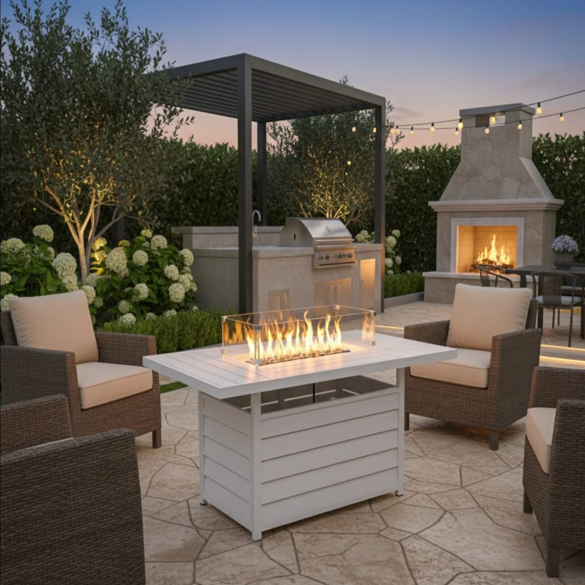 White Aluminum Fire Pit Table for Garden Decks and Poolside Areas