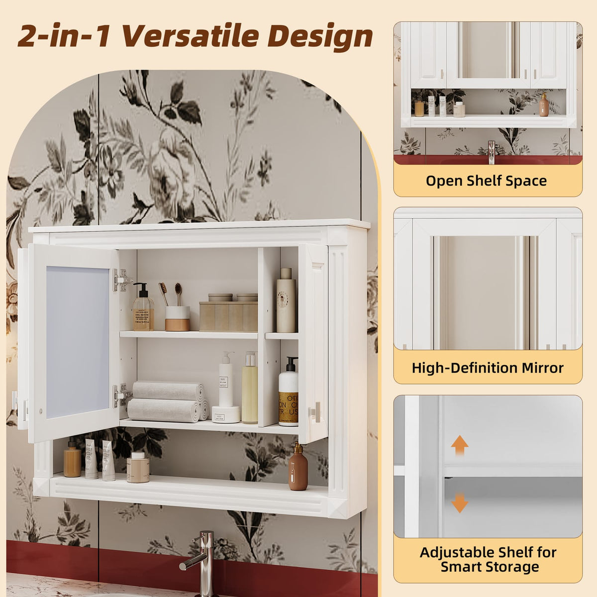 White Bathroom Storage Cabinet with Mirror - 35" Wall Mounted