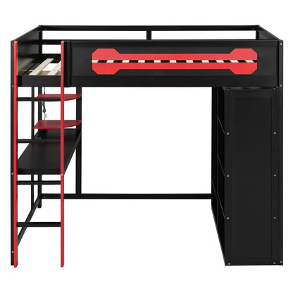 Full Red MDF Loft Bed with Desk - Gaming Bed Frame for Bedroom