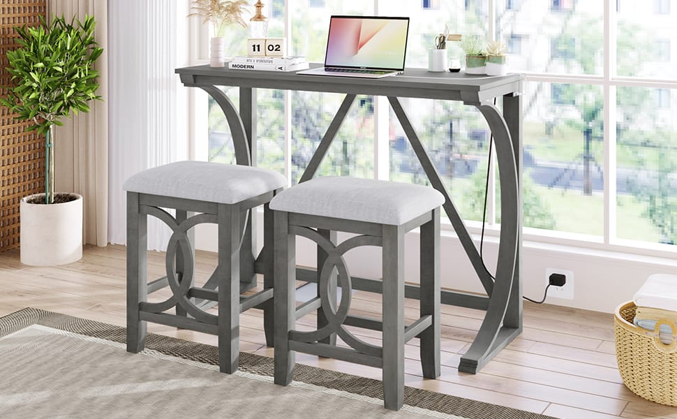 Gray Counter Height Dining Table Set with 3 Stools for Dining Room