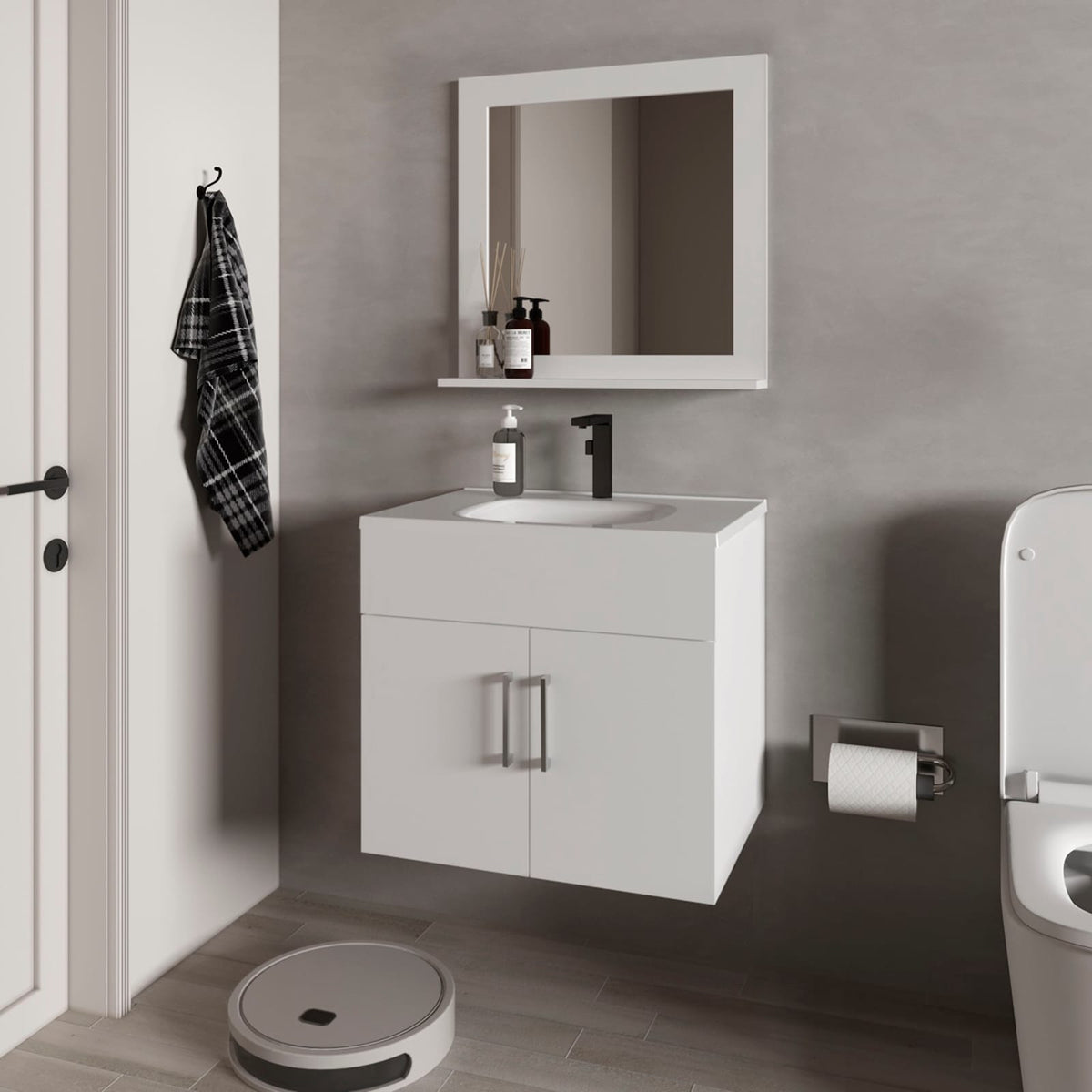 White Bathroom Vanity Set with Sink & Mirror